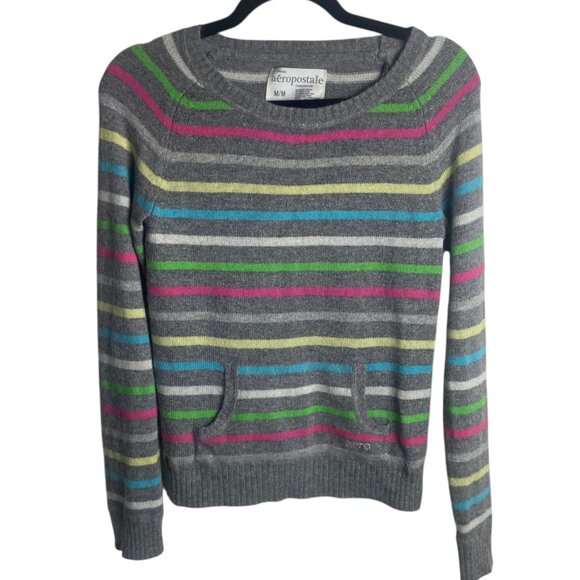 Aeropostale Y2K Size M Rabbit Hair Colorful Striped Sweater Preppy Knit Vintage - Picture 1 of 6